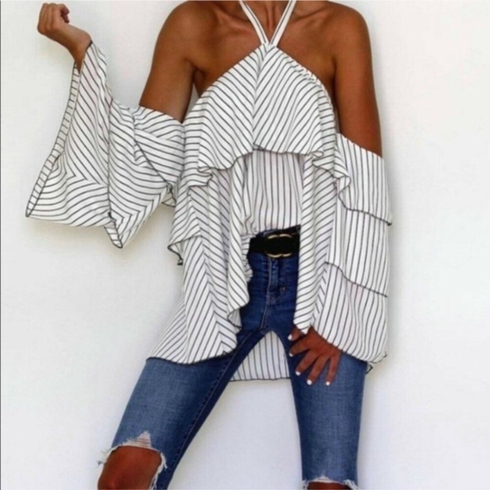 Striped Halter Cold Shoulder Ruffle Tiered Sleeve Blouse White Black S - Picture 3 of 7